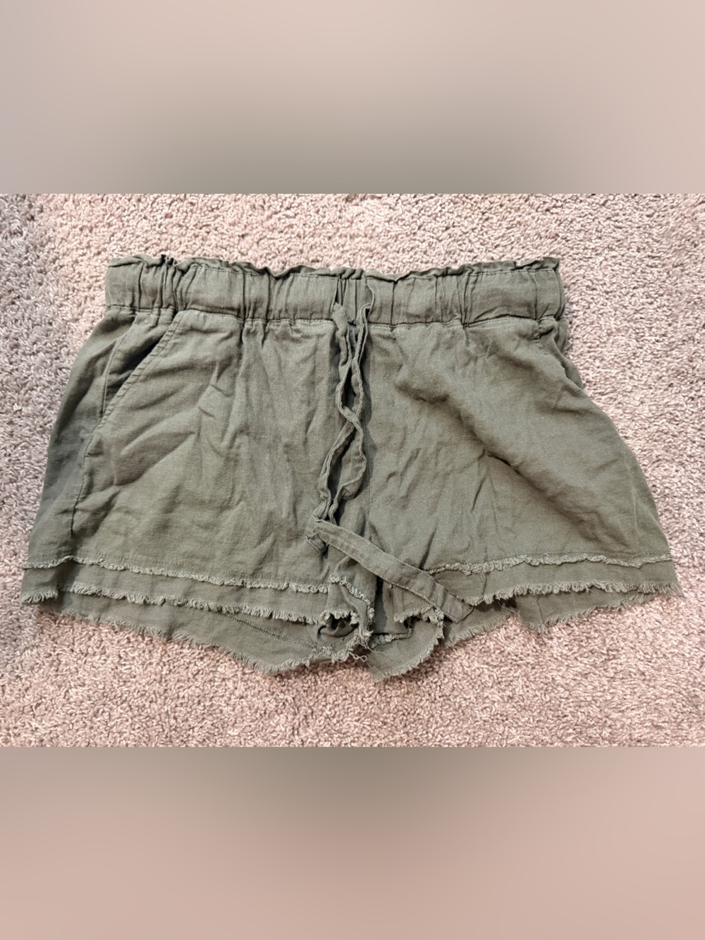 Rewash Olive Green High-Waist Ruffle-Hem Shorts